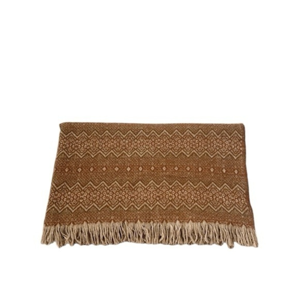 Amana Woolen Mills Vintage Brown Tan Geometric Print Wool Fringe Throw‎ Blanket